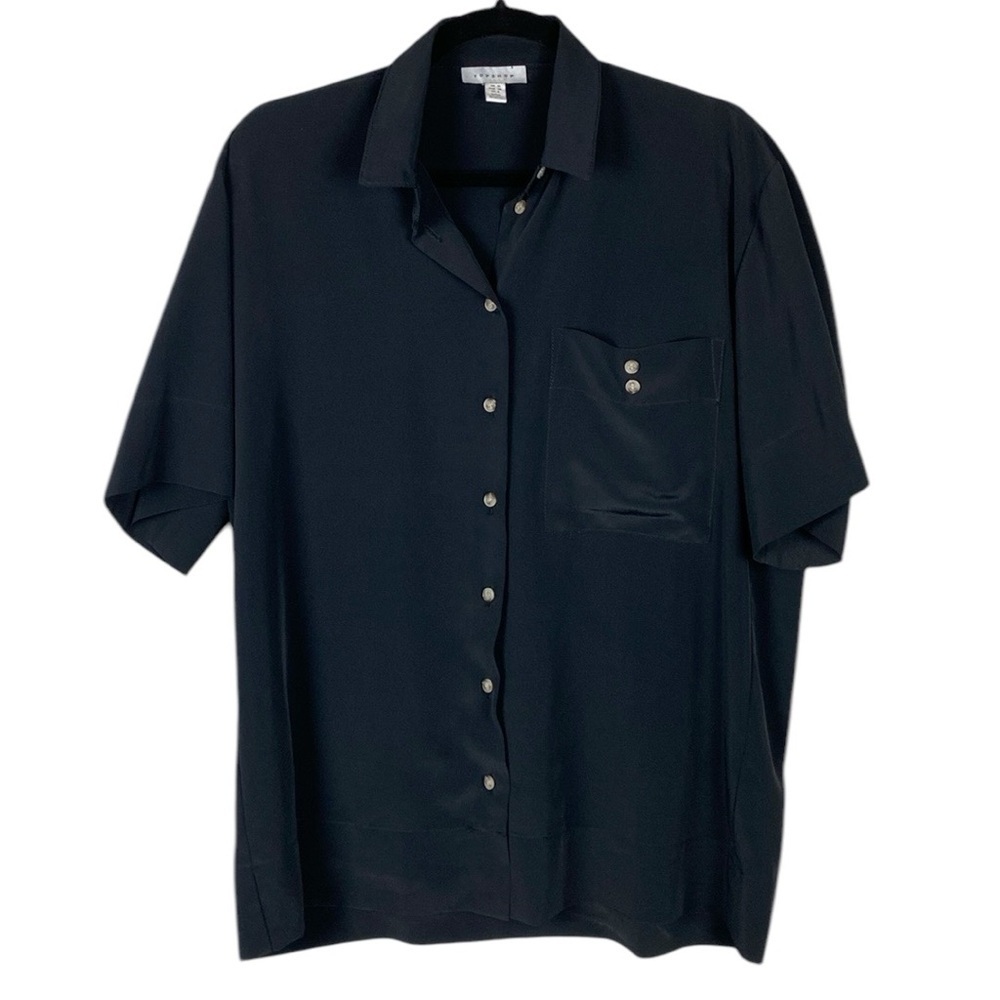 TOPSHOP oversized black sateen button front short sleeve blouse